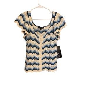 Blue and Cream Ruffled Fitted Blouse